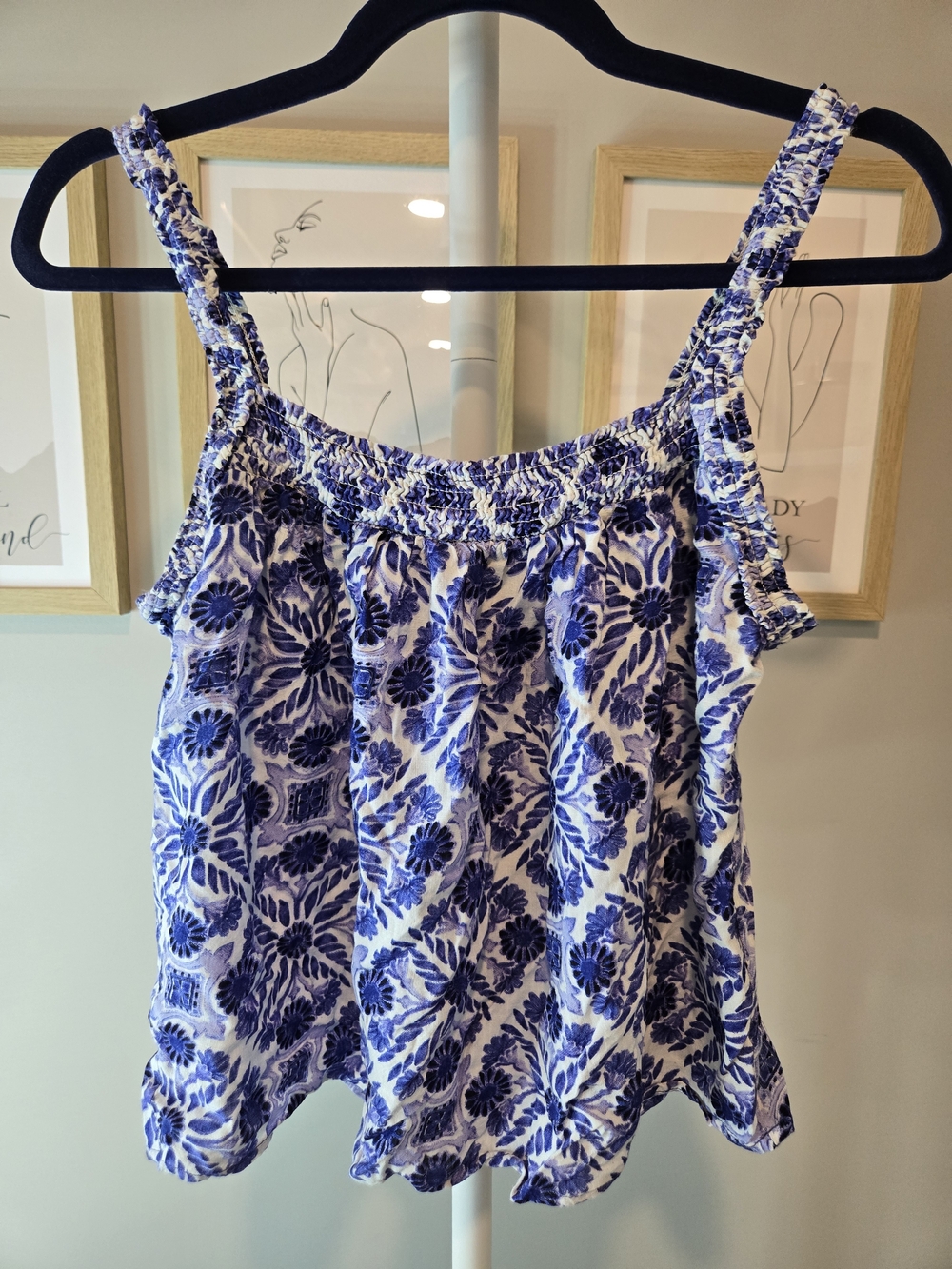 Patrons of Peace Blue & White Floral Smocked-Crew Cami